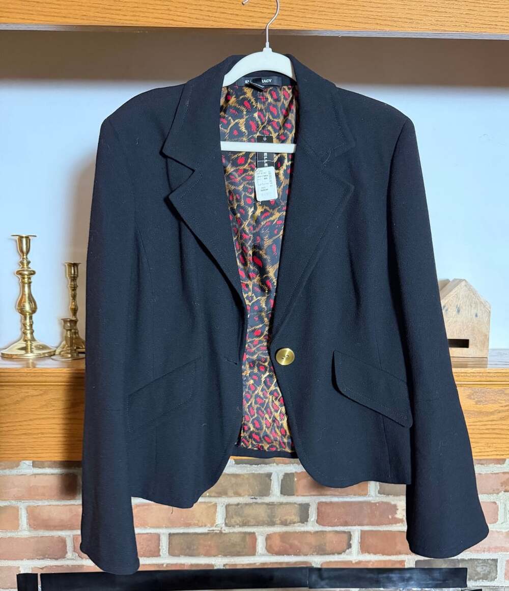 Ellen Tracy Black Wool Blend Blazer with Red and Brown Leopard Lining